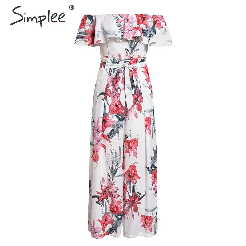 Bohemian floral print Elegant off shoulder sashes ladies long Summer beach ruffled playsuit Jumpsuit