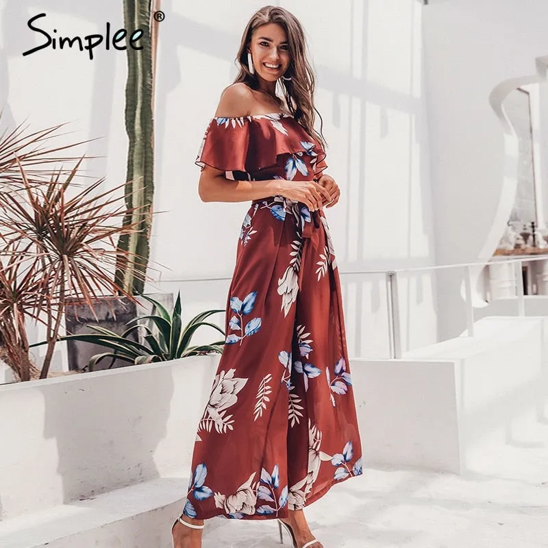 Bohemian floral print Elegant off shoulder sashes ladies long Summer beach ruffled playsuit Jumpsuit