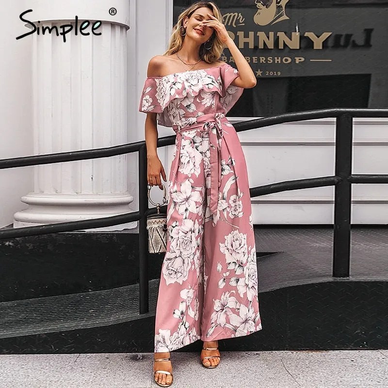 Bohemian floral print Elegant off shoulder sashes ladies long Summer beach ruffled playsuit Jumpsuit