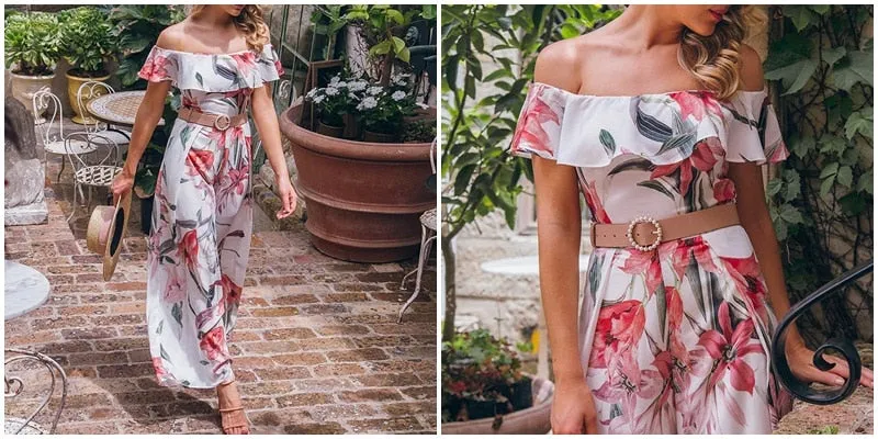 Bohemian floral print Elegant off shoulder sashes ladies long Summer beach ruffled playsuit Jumpsuit