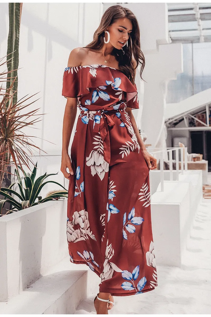 Bohemian floral print Elegant off shoulder sashes ladies long Summer beach ruffled playsuit Jumpsuit