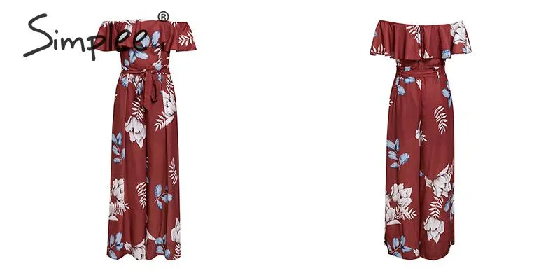 Bohemian floral print Elegant off shoulder sashes ladies long Summer beach ruffled playsuit Jumpsuit