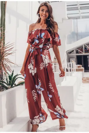 Bohemian floral print Elegant off shoulder sashes ladies long Summer beach ruffled playsuit Jumpsuit