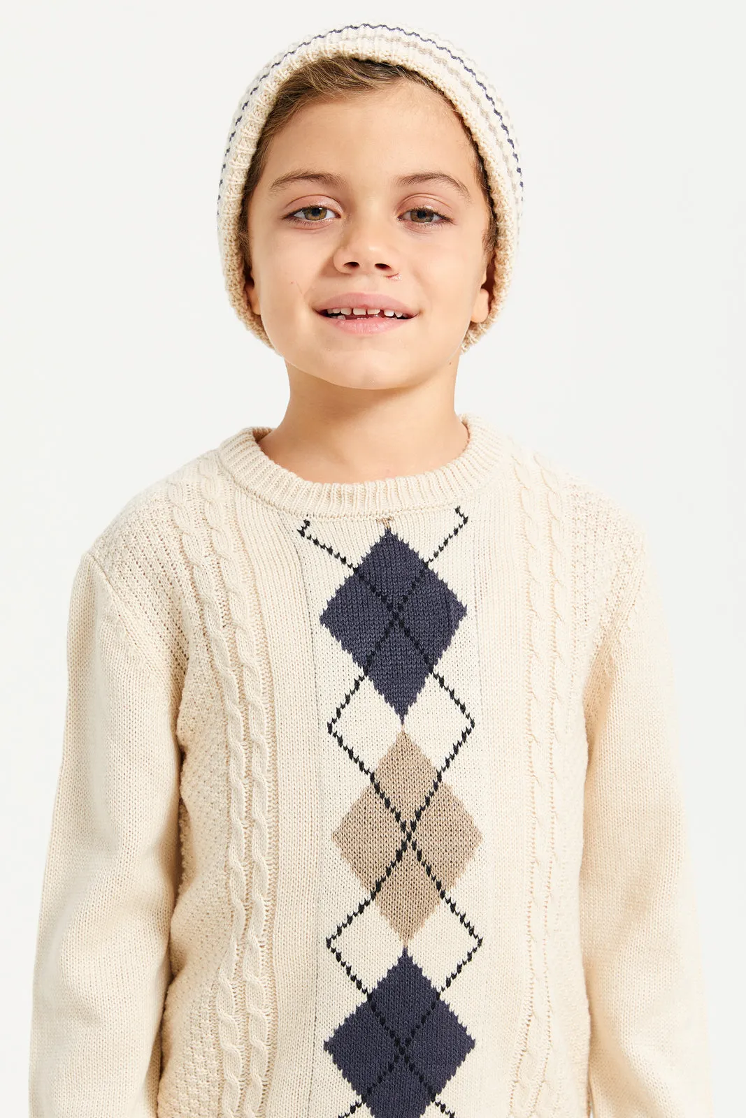 Boys  Beige Pullover With Hat (2 Piece)