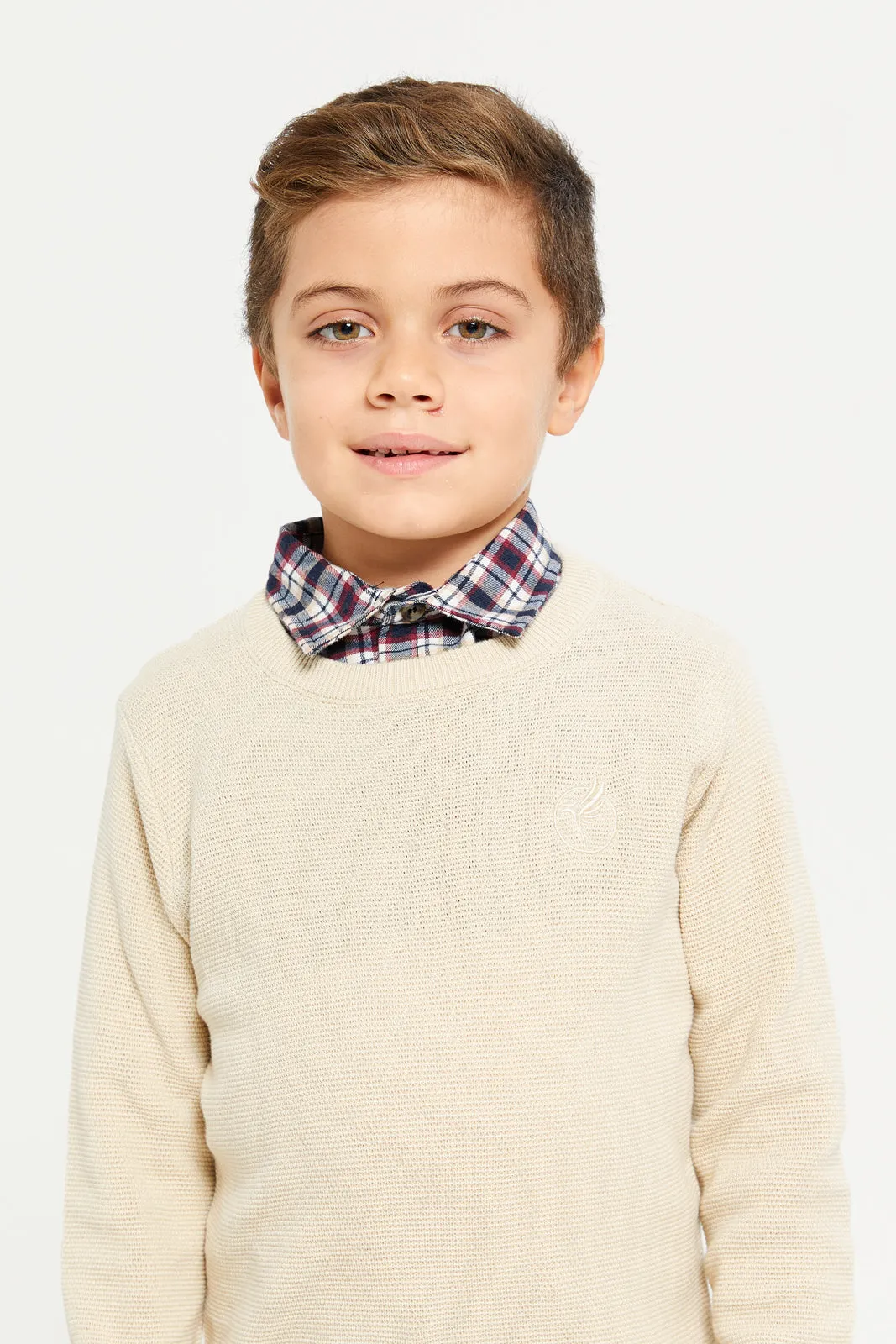 Boys Beige Pullover With Mock Collar