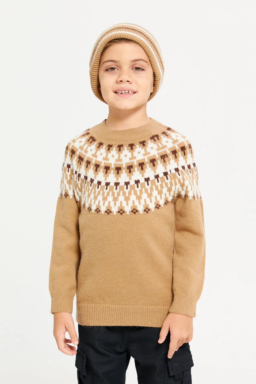 Boys Brown Pullover With Hat (2 Piece)