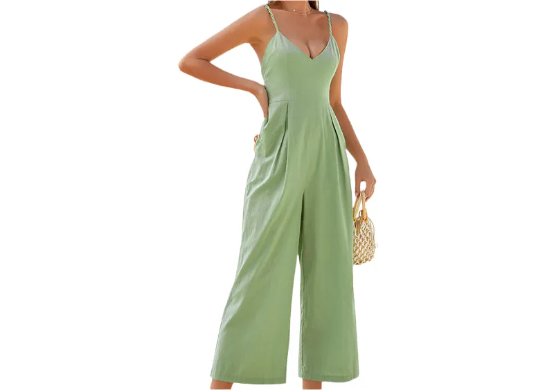 Brace Solid Color Wide Leg Slim High Waist Jumpsuit