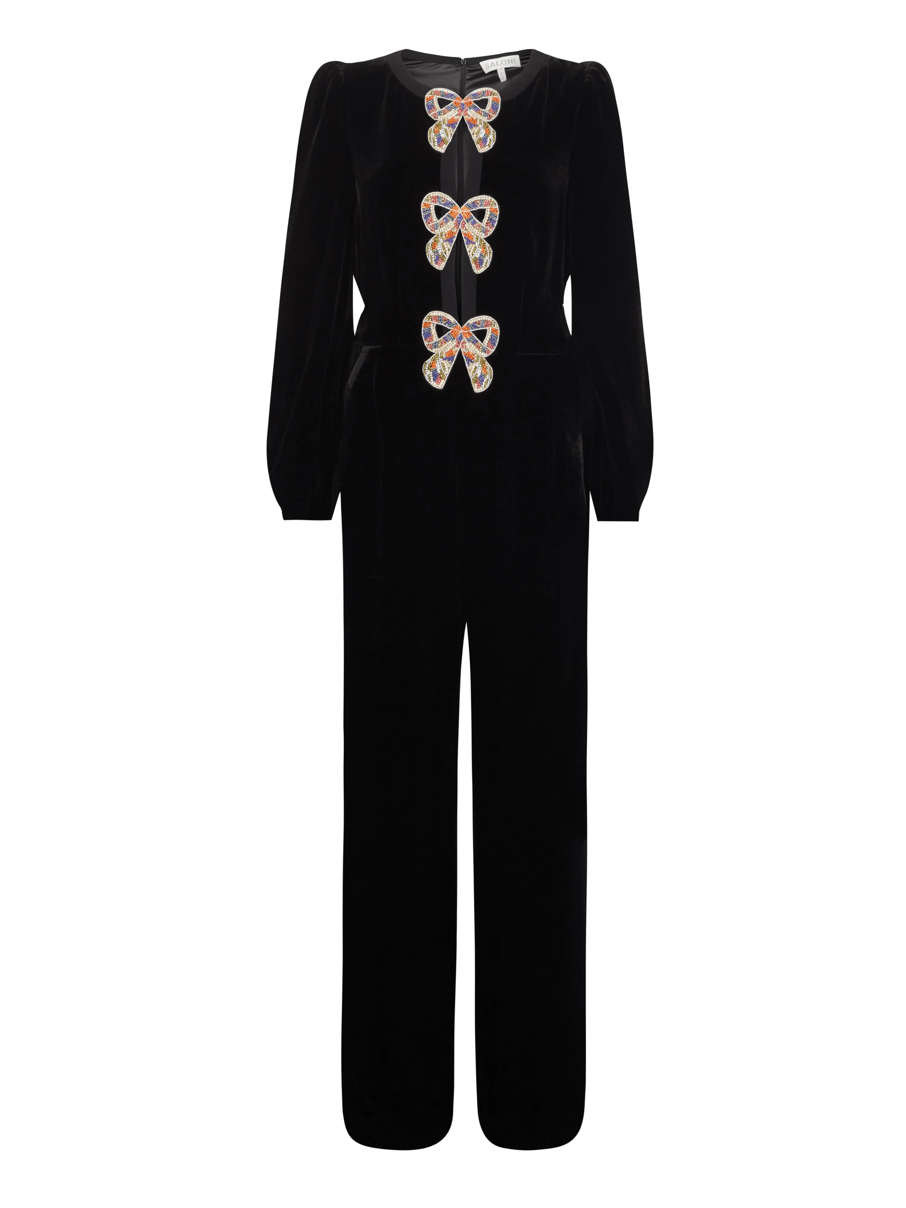 Camille Velvet Embellished Bows Jumpsuit in Black with Rainbow Bows