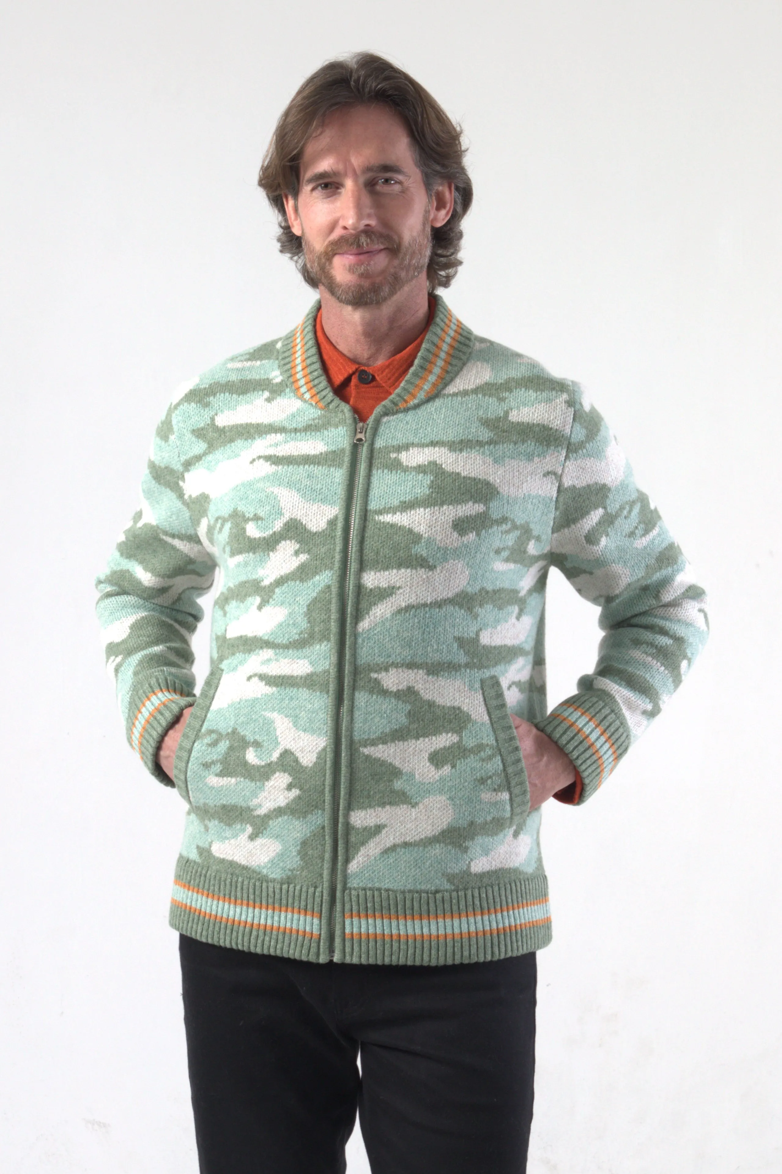 Camouflage Jacquard Knit Bomber Jacket