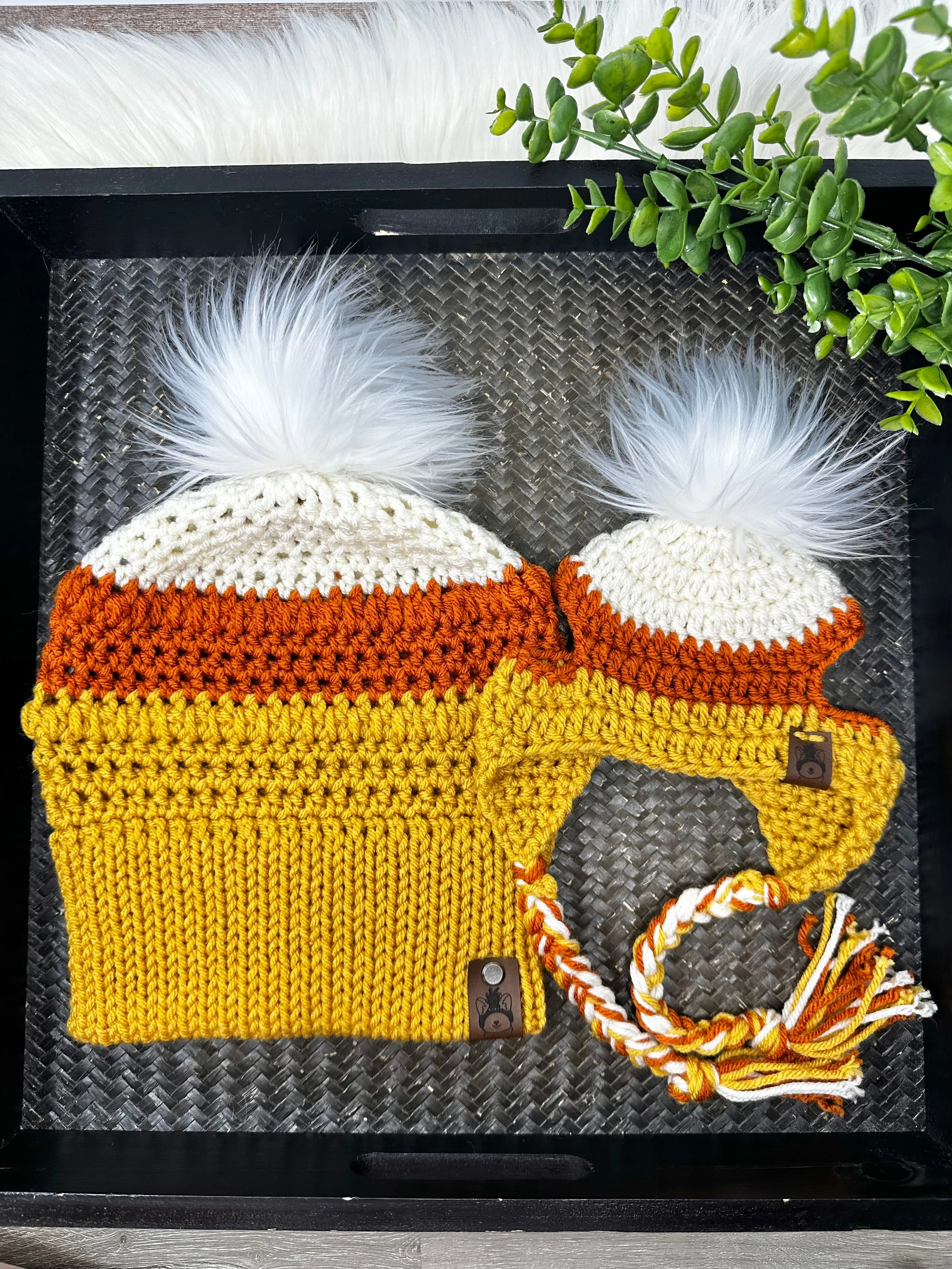 Candy Corn Mommy & Pupper Beanie Set