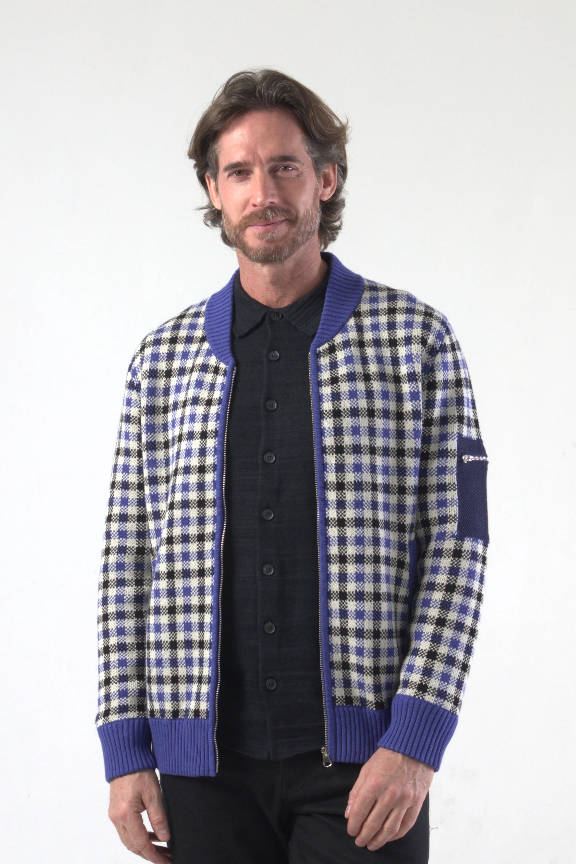 Checker Jacquard Knit Bomber Jacket