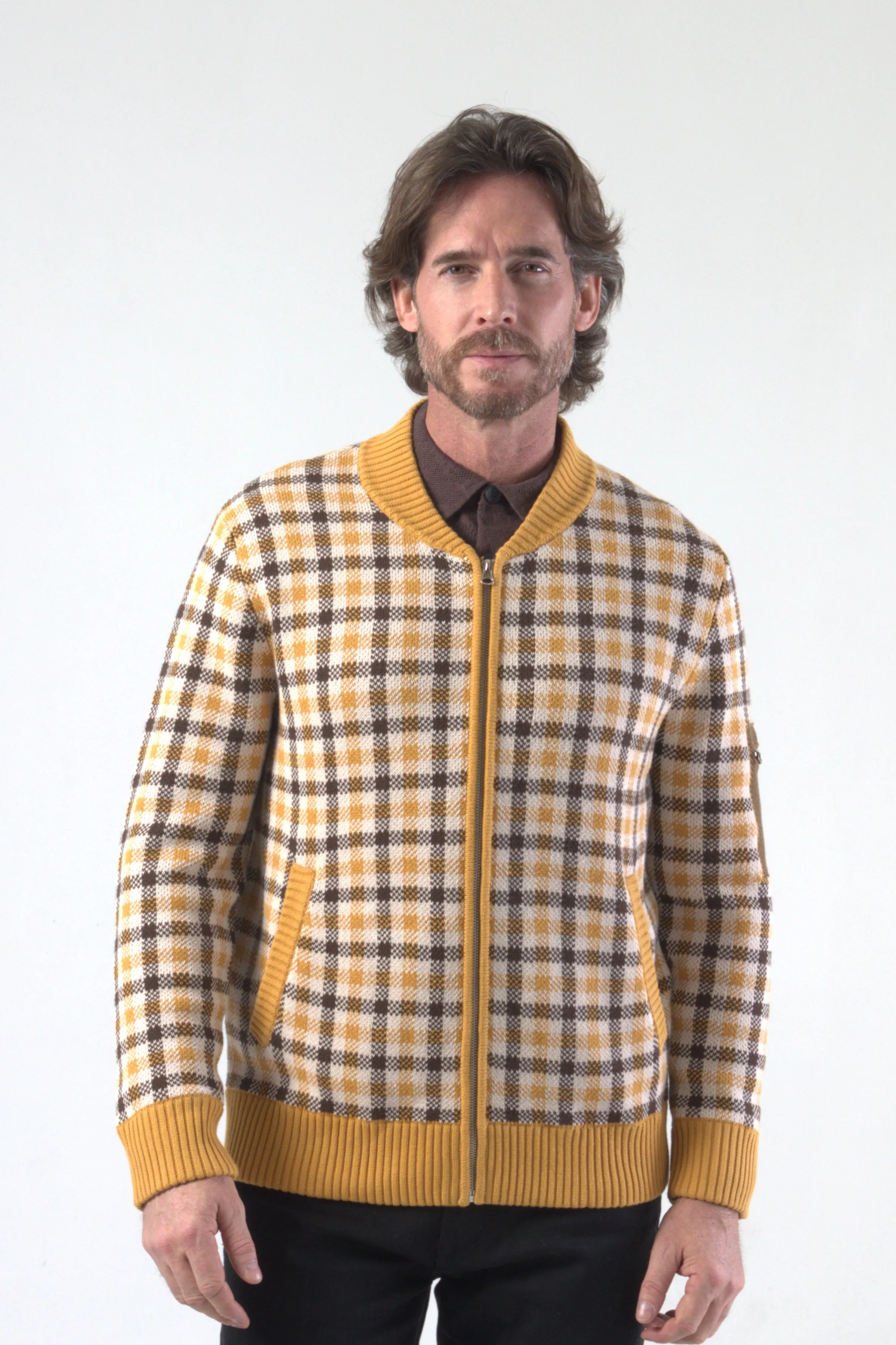 Checker Jacquard Knit Bomber Jacket