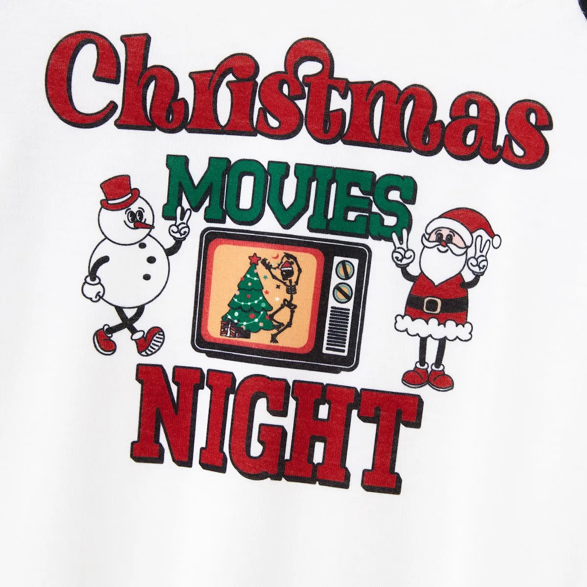 Christmas Movies Night Plaid Family Christmas Pajamas Santa Snowman Christmas Tree Print