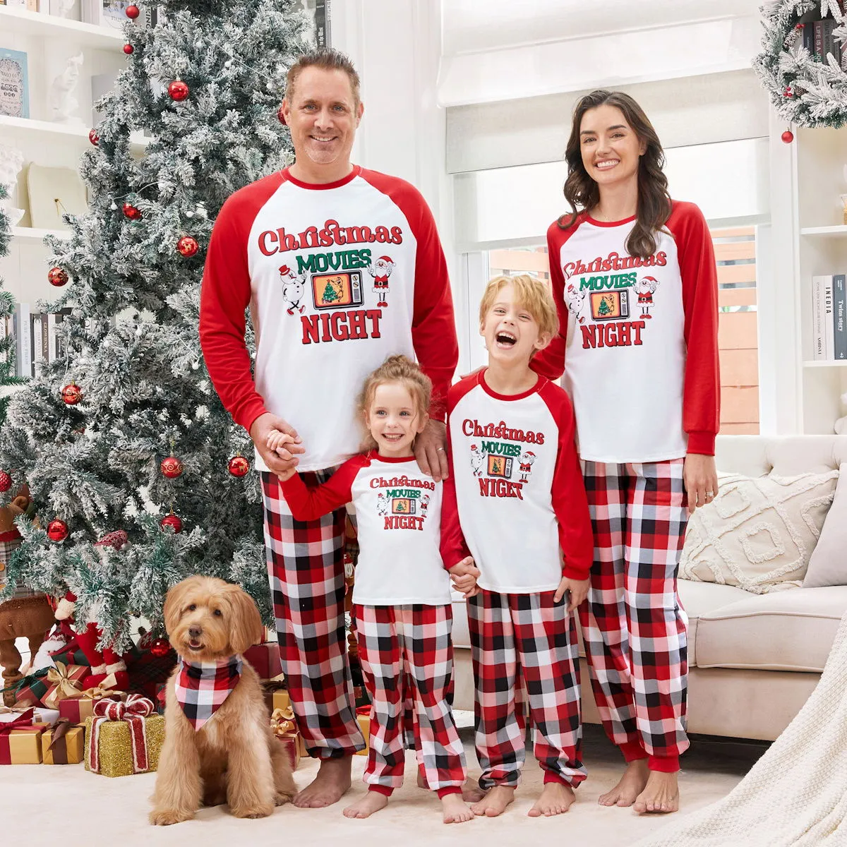 Christmas Movies Night Plaid Family Christmas Pajamas Santa Snowman Christmas Tree Print