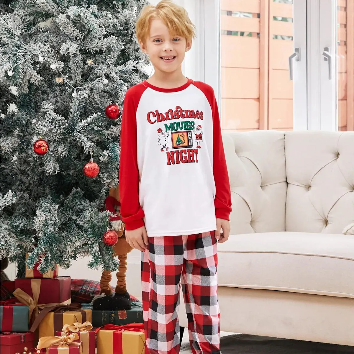 Christmas Movies Night Plaid Family Christmas Pajamas Santa Snowman Christmas Tree Print