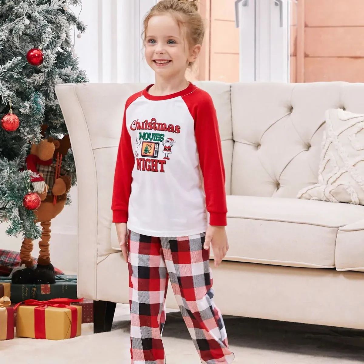 Christmas Movies Night Plaid Family Christmas Pajamas Santa Snowman Christmas Tree Print