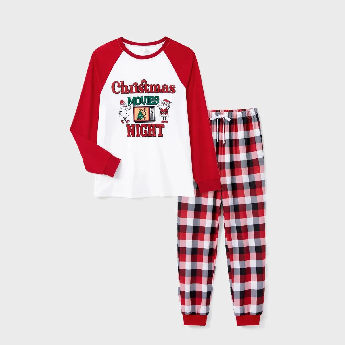 Christmas Movies Night Plaid Family Christmas Pajamas Santa Snowman Christmas Tree Print