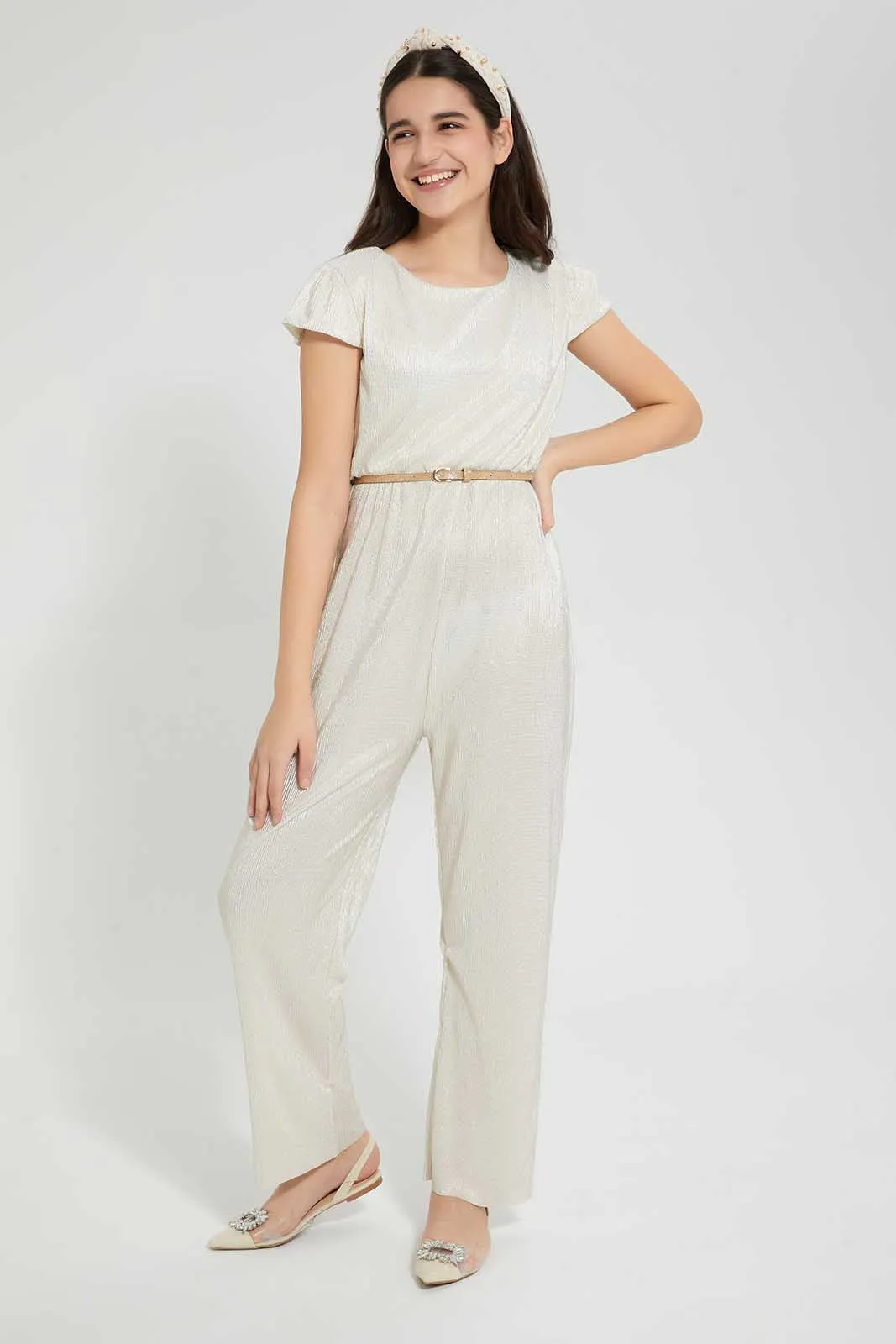 Cream Glittered Jumpsuit With Belt