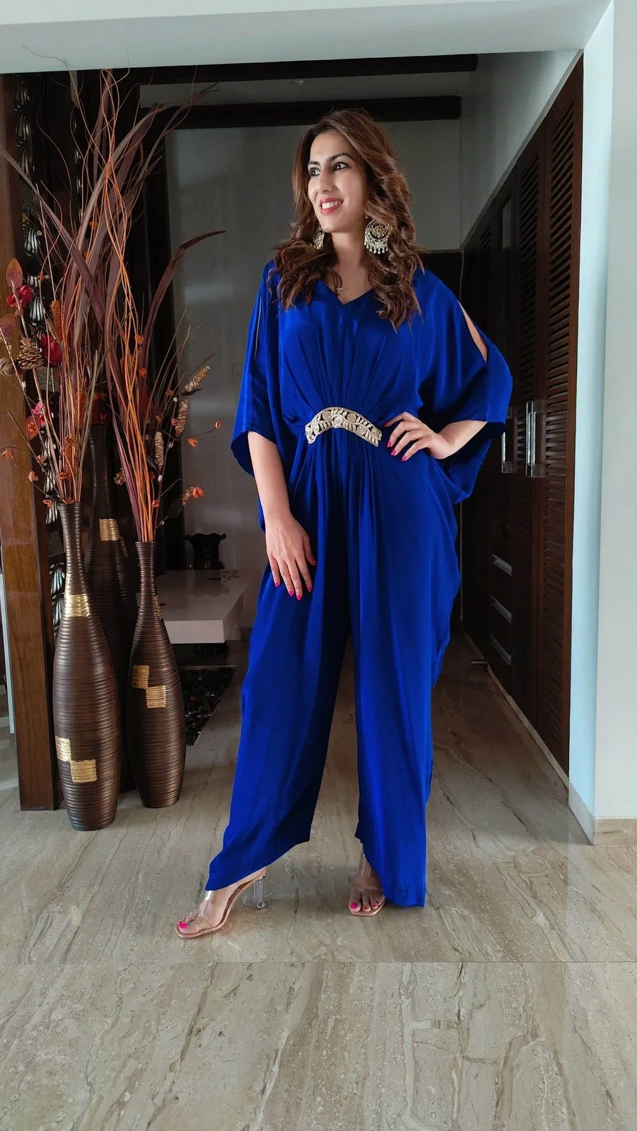 Crepe Royal Blue Pearl Jumpsuit