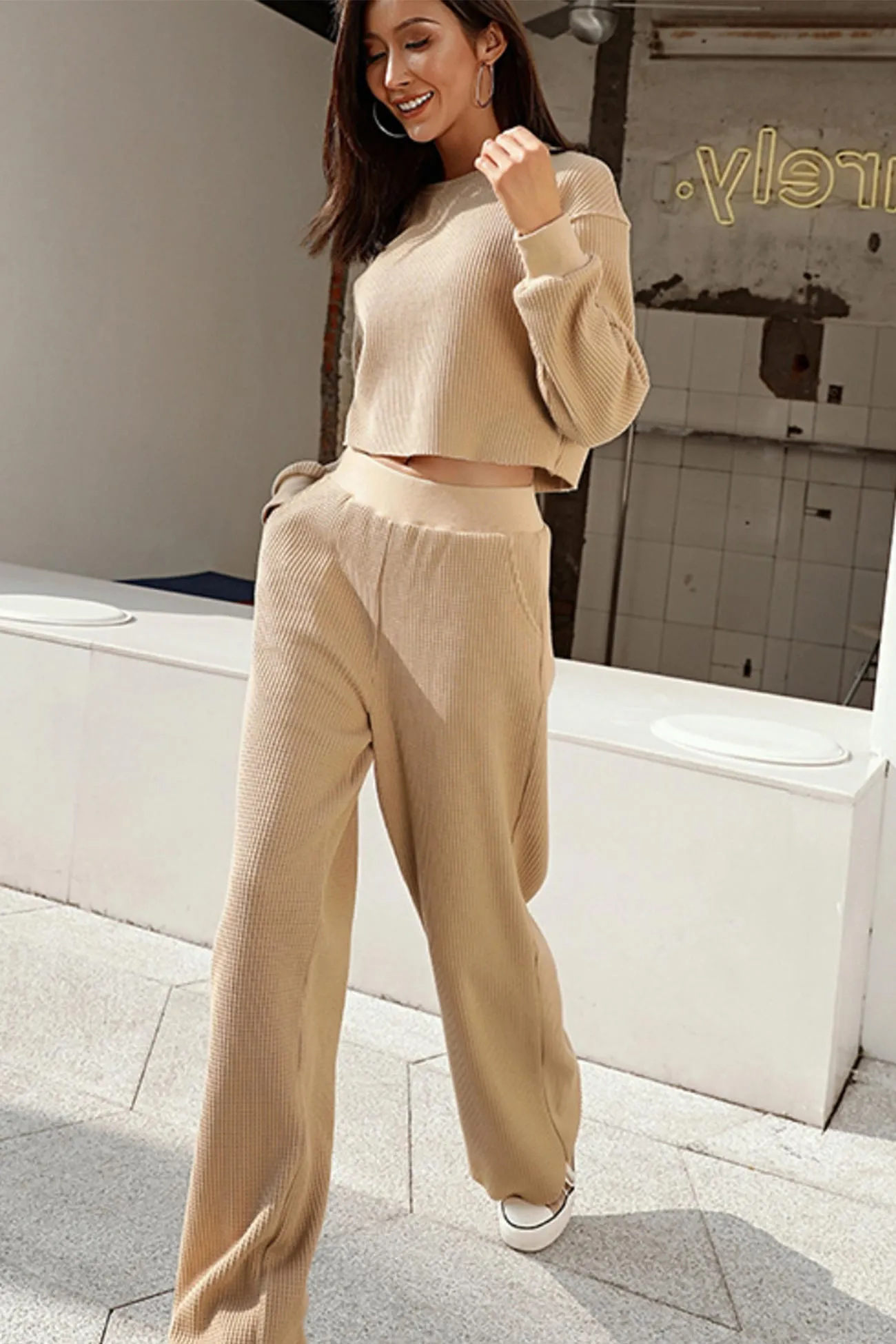 Crew Neck Crop Top Long Pants Set