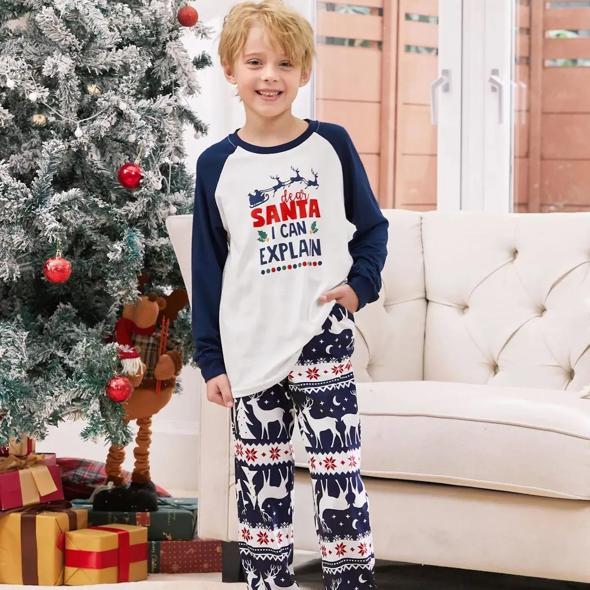 Dark Blue Dear Santa I Can Explain Print Family Christmas Pajamas