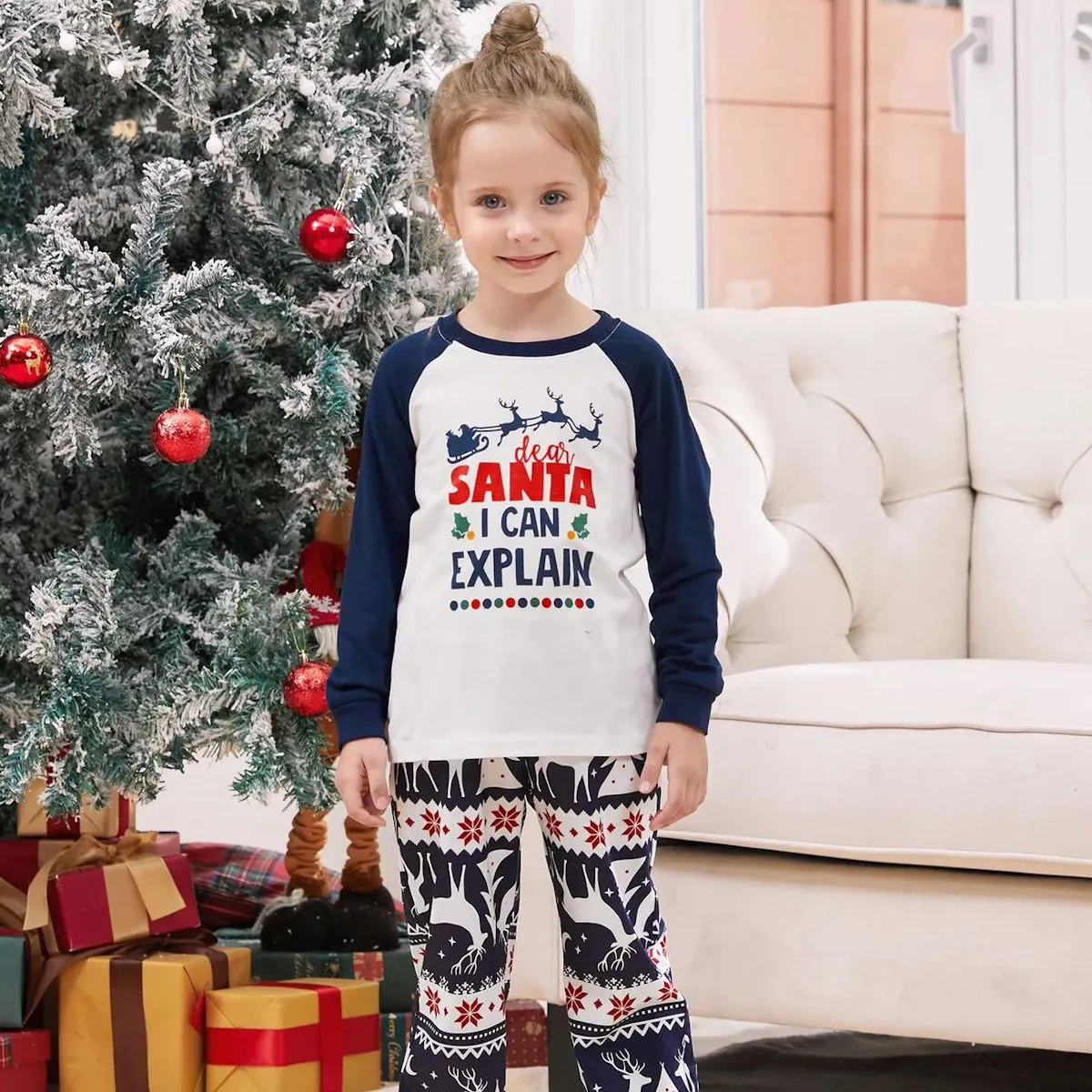 Dark Blue Dear Santa I Can Explain Print Family Christmas Pajamas