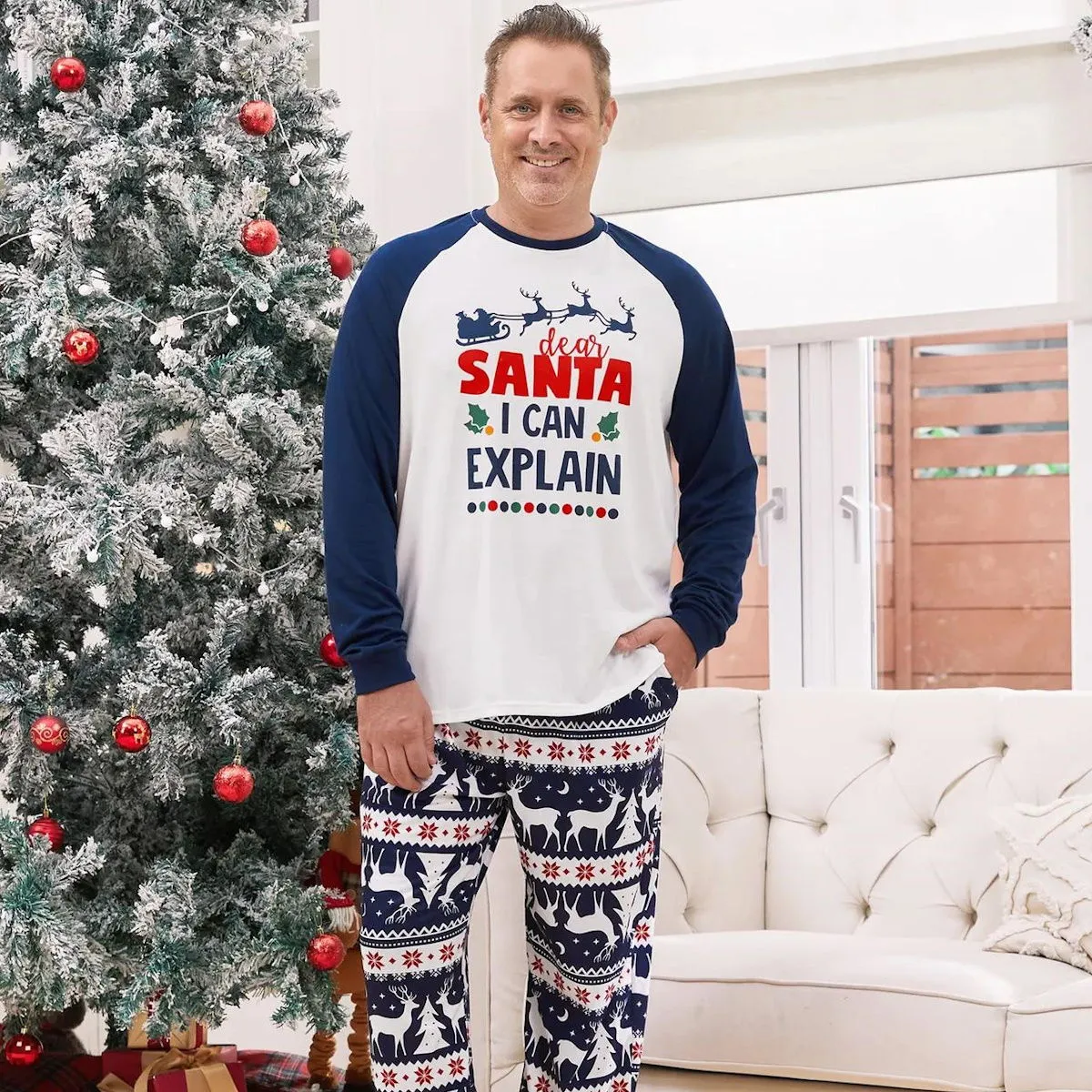 Dark Blue Dear Santa I Can Explain Print Family Christmas Pajamas