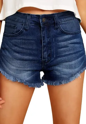 Dark Blue Frayed Raw Hem Washed Denim Shorts