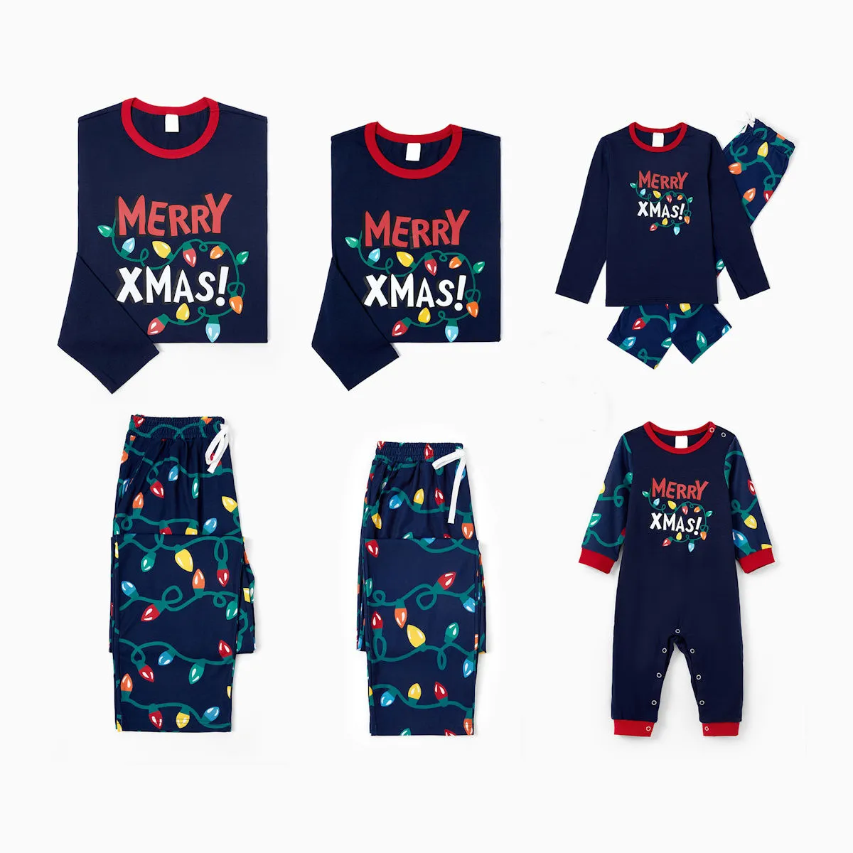 Dark Blue Merry Xmas Allover String Light Print Family Christmas Pajamas