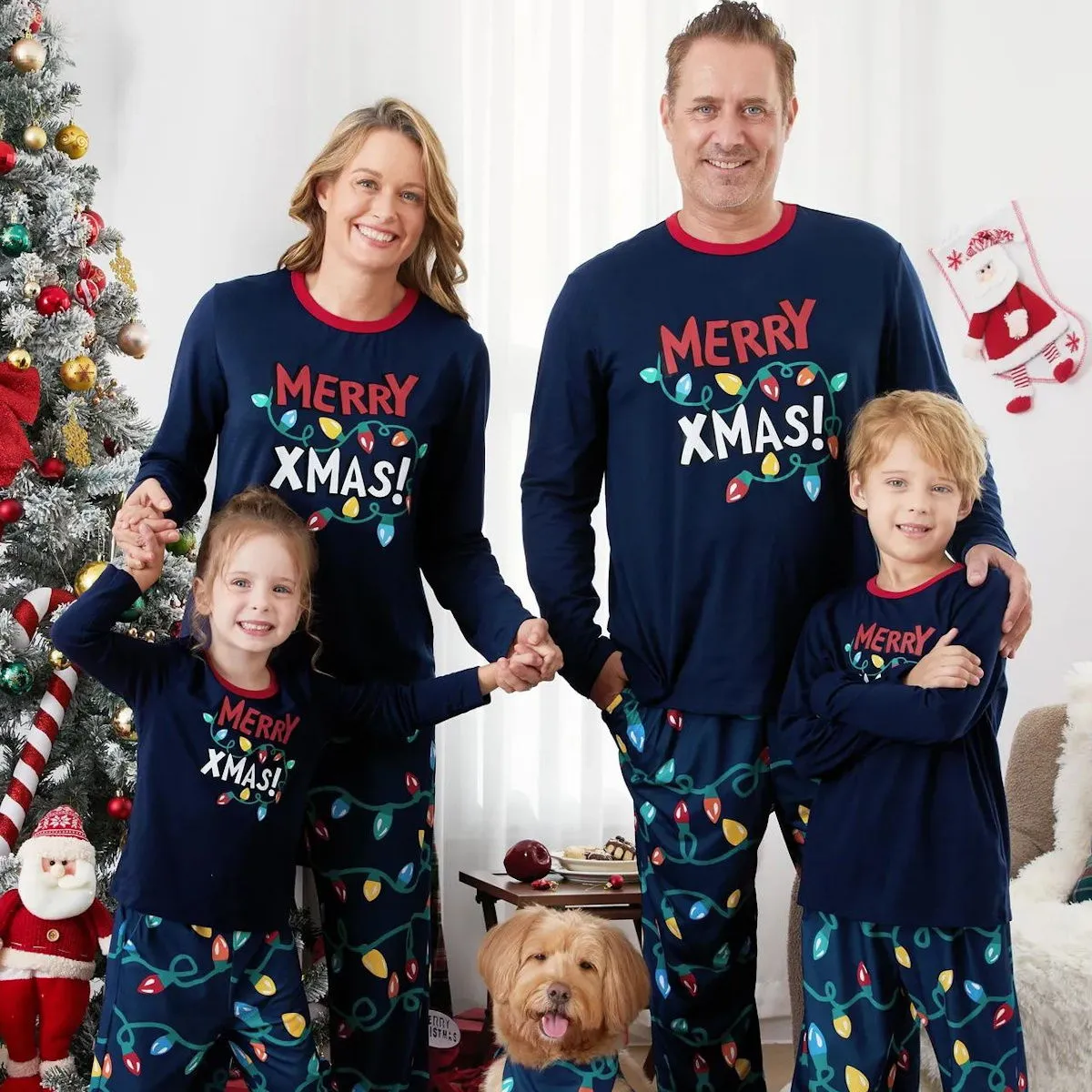 Dark Blue Merry Xmas Allover String Light Print Family Christmas Pajamas