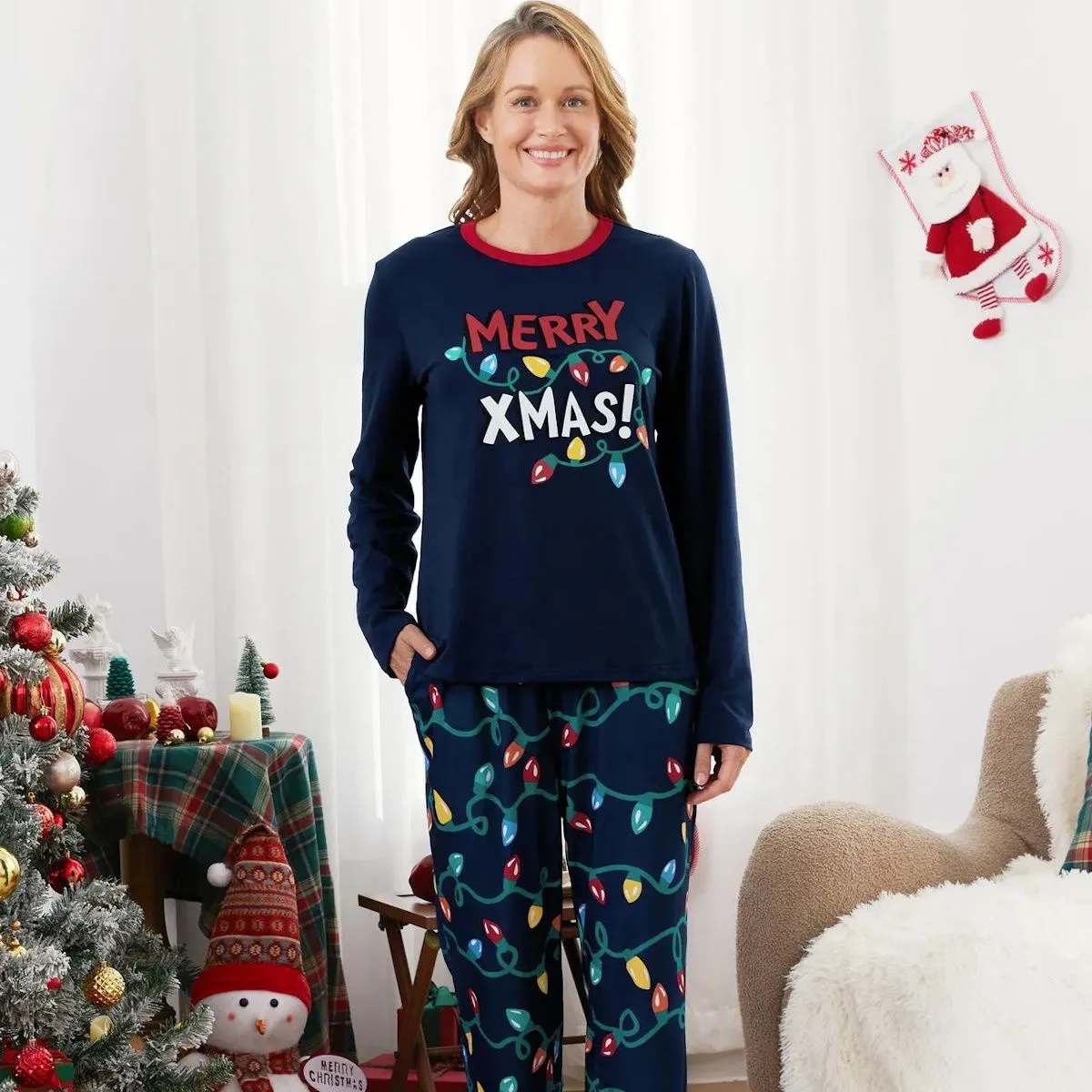 Dark Blue Merry Xmas Allover String Light Print Family Christmas Pajamas