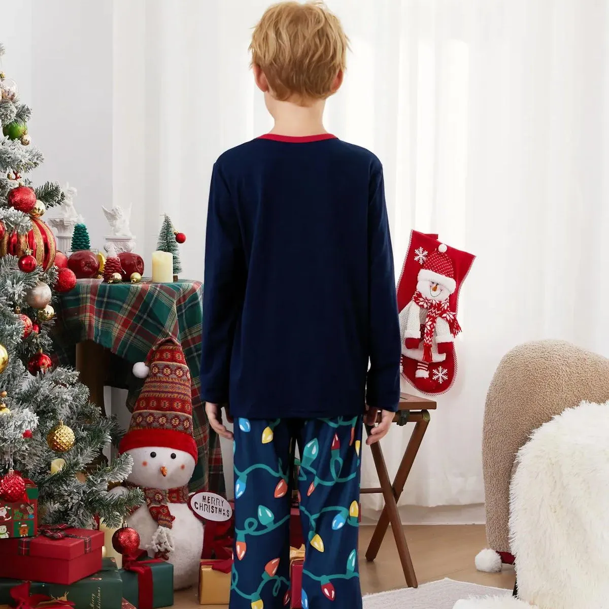 Dark Blue Merry Xmas Allover String Light Print Family Christmas Pajamas