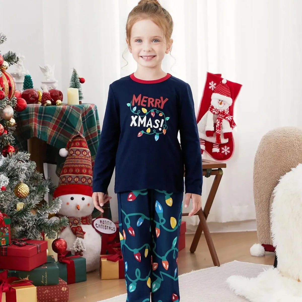 Dark Blue Merry Xmas Allover String Light Print Family Christmas Pajamas