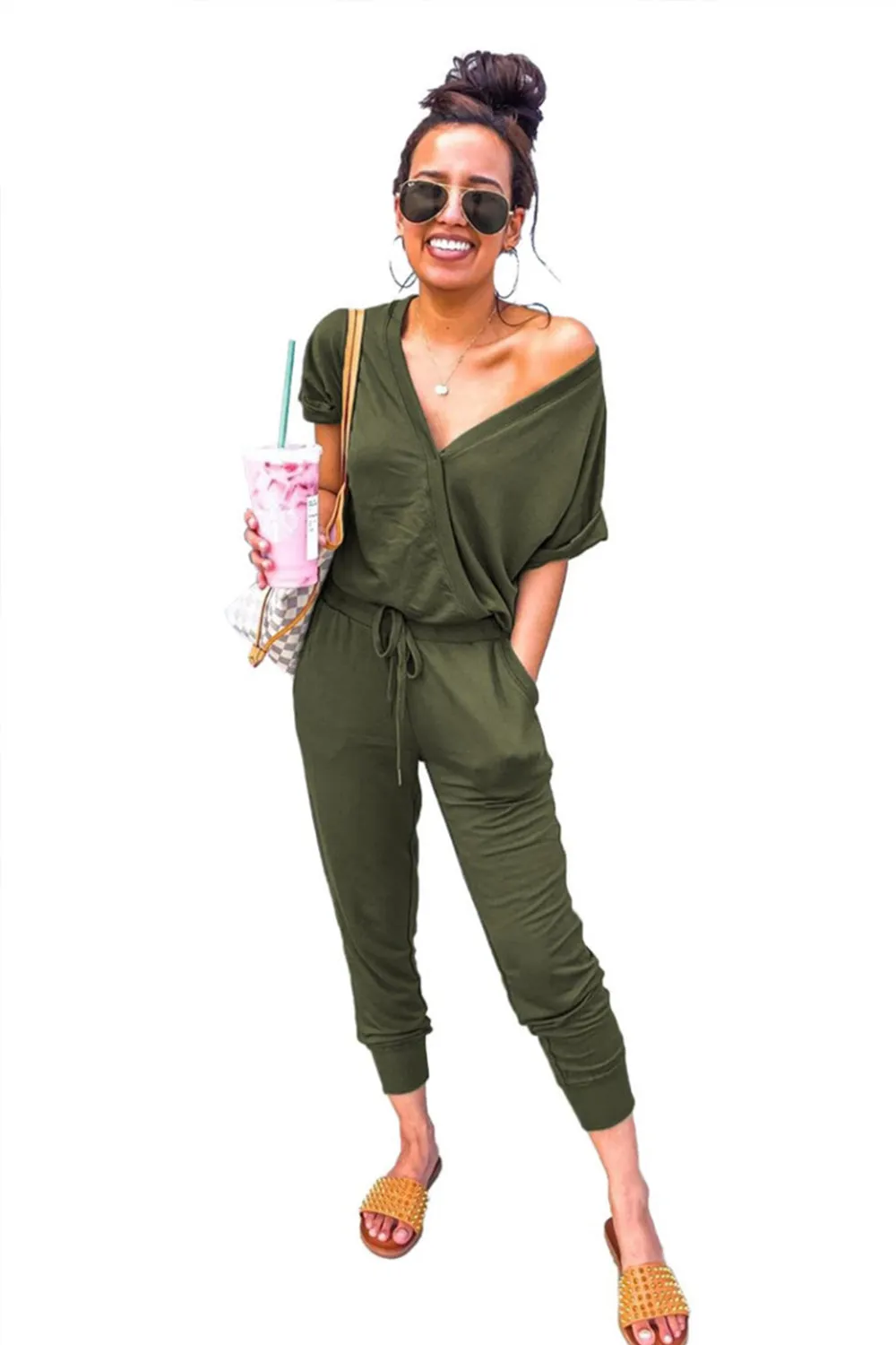 Deep V Solid Color Casual Jumpsuit