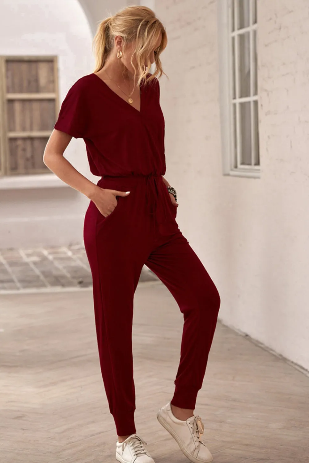 Deep V Solid Color Casual Jumpsuit