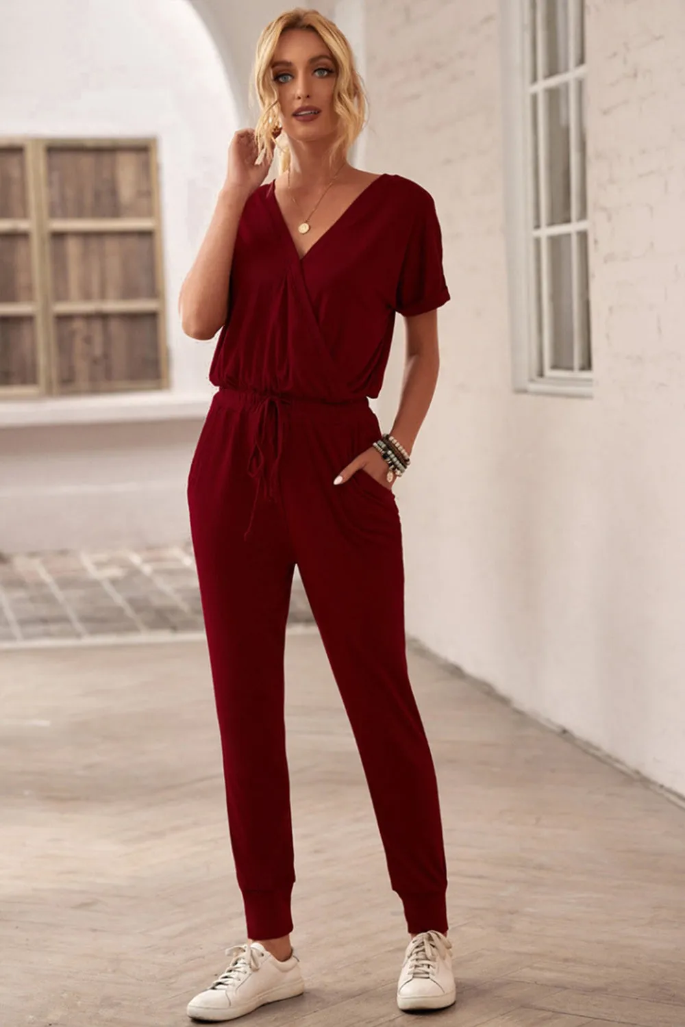 Deep V Solid Color Casual Jumpsuit