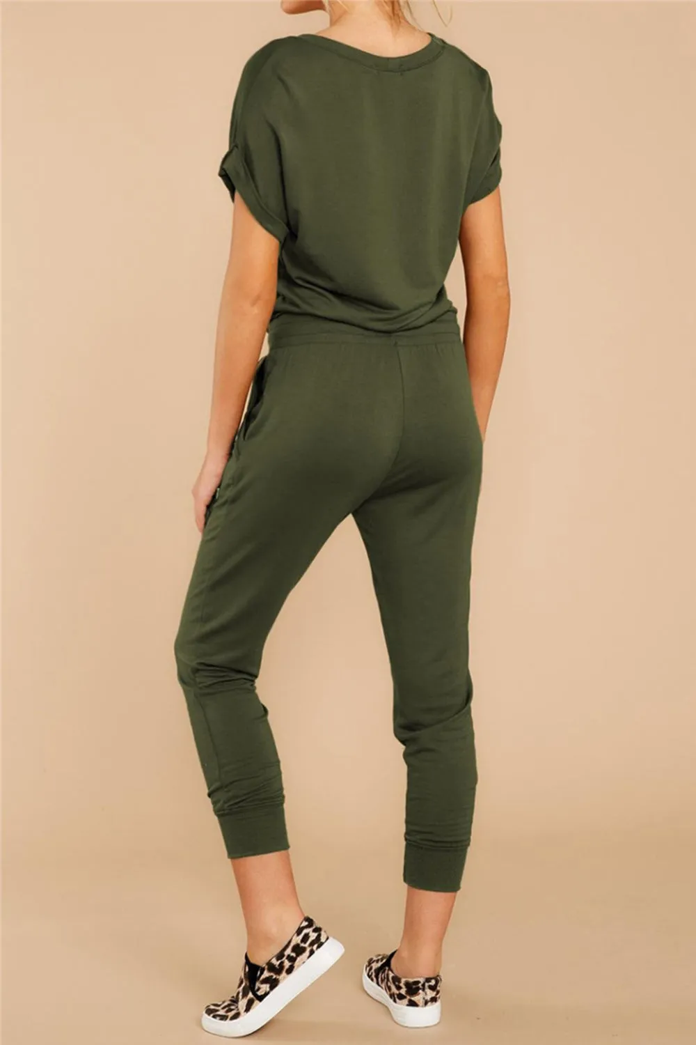 Deep V Solid Color Casual Jumpsuit