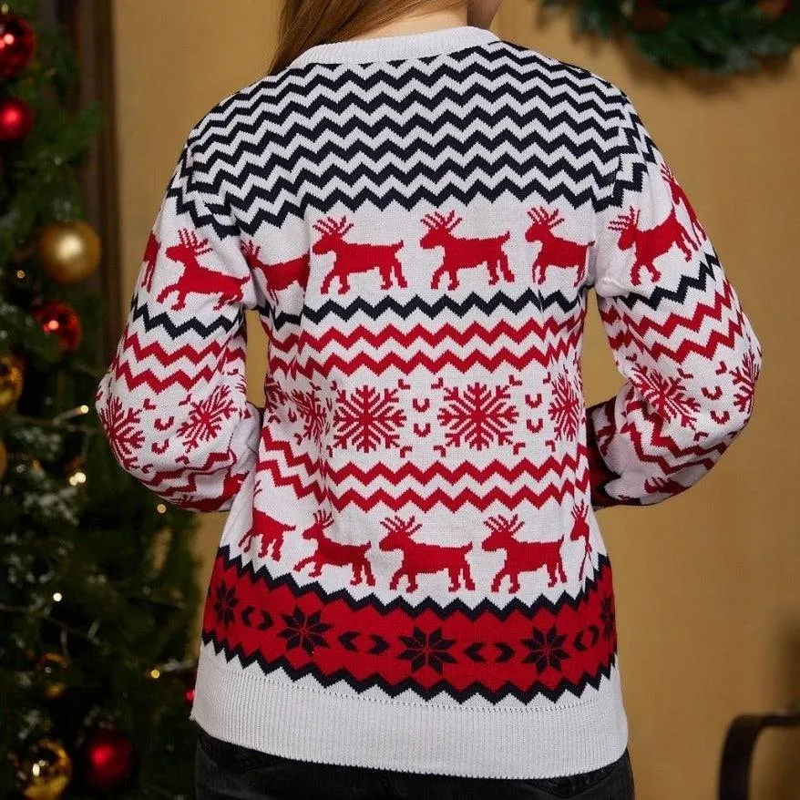 Destiny Elk Snowflake Print Knitted Pullover Sweater