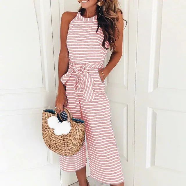 Elegant Sexy Jumpsuits Women Sleeveless Striped Jumpsuit Trousers Wide Leg Pants Rompers Loose Style Belted Leotard Overalls