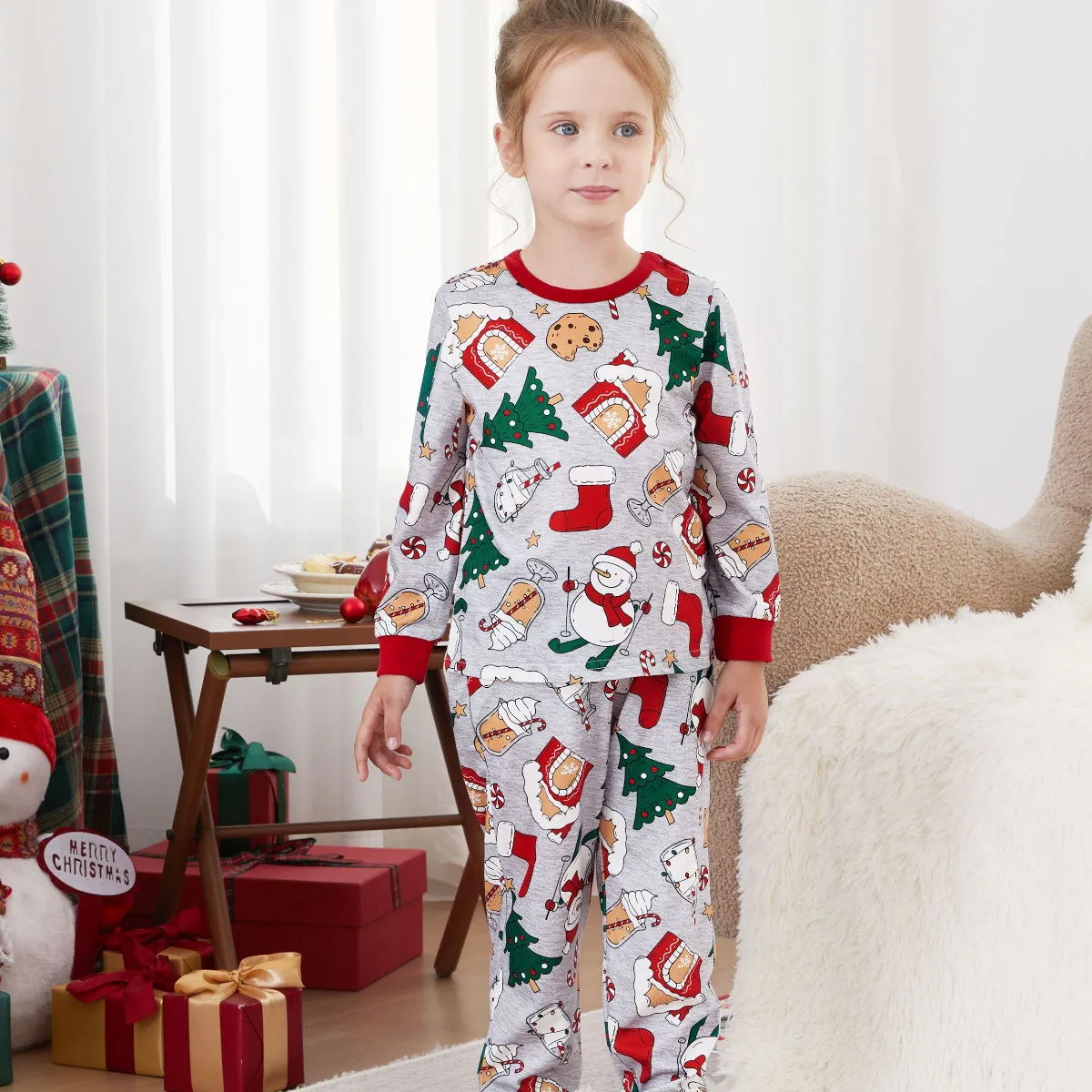 Family Christmas Pajamas Allover Christmas Pattern House Tree Cookie Stockings Snowman