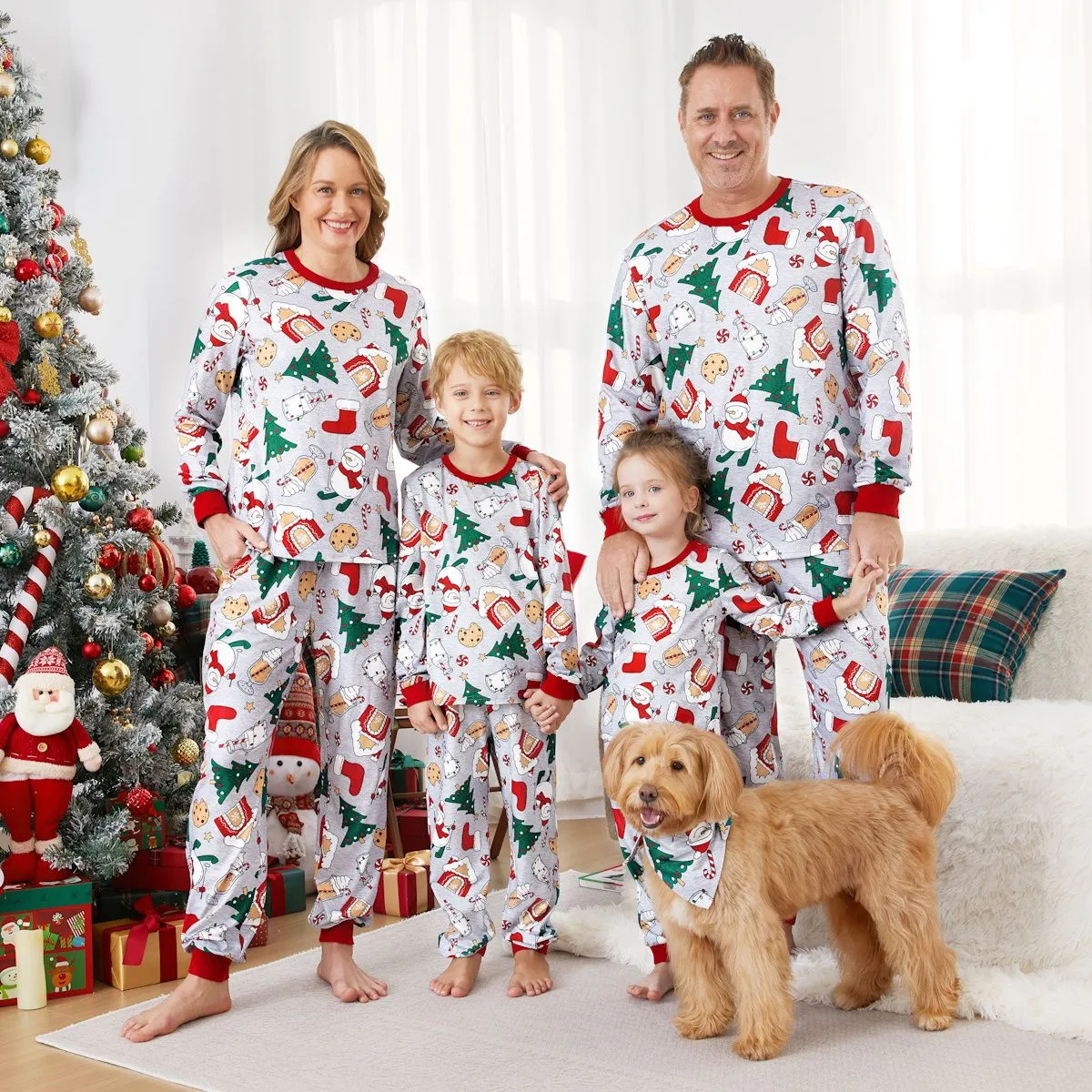 Family Christmas Pajamas Allover Christmas Pattern House Tree Cookie Stockings Snowman