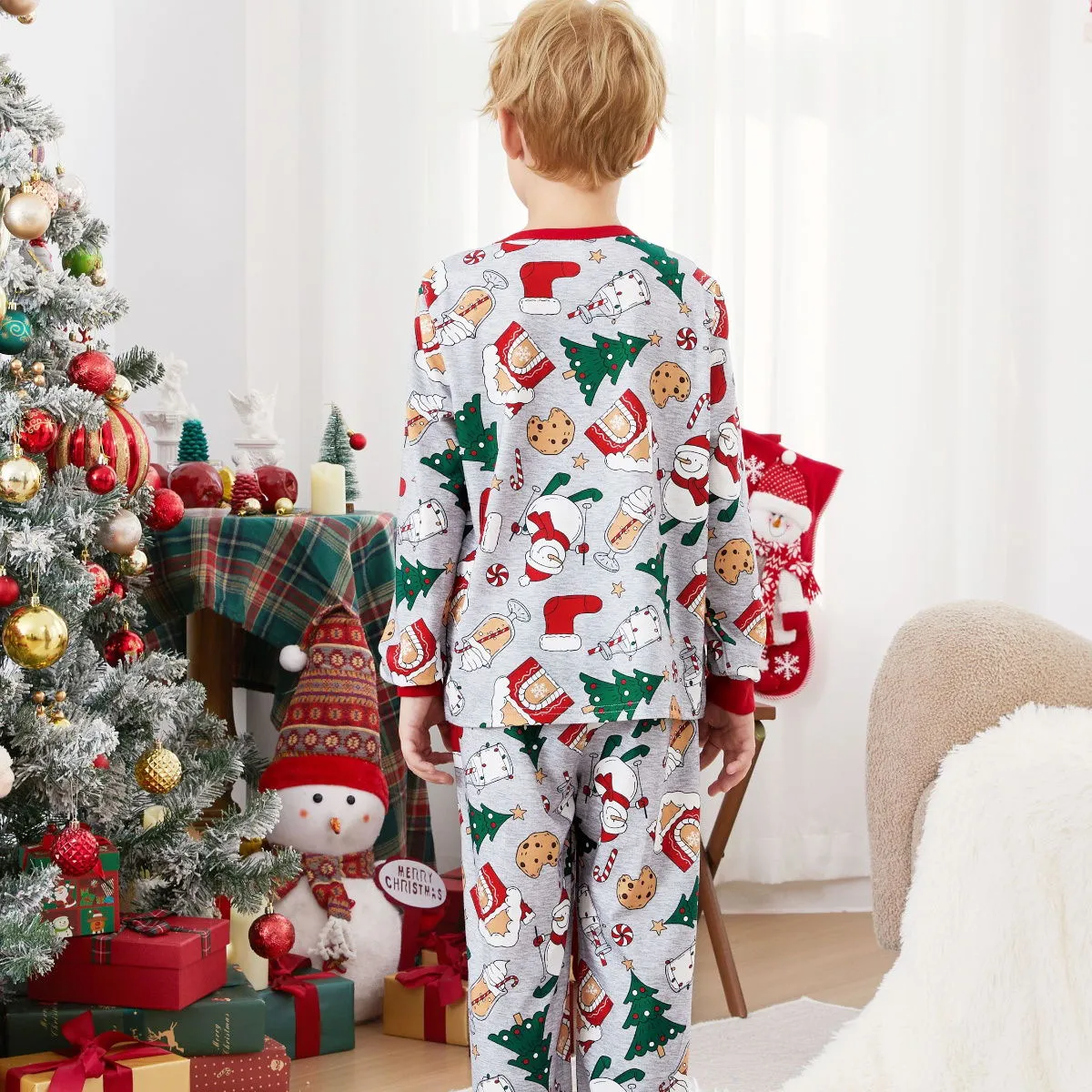 Family Christmas Pajamas Allover Christmas Pattern House Tree Cookie Stockings Snowman