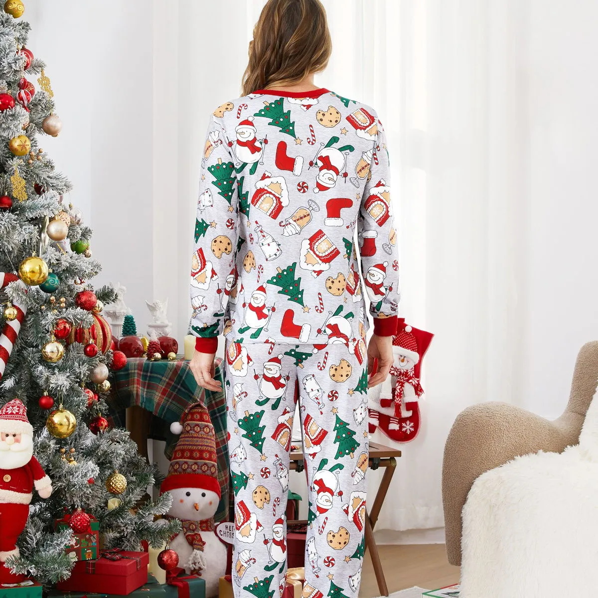 Family Christmas Pajamas Allover Christmas Pattern House Tree Cookie Stockings Snowman