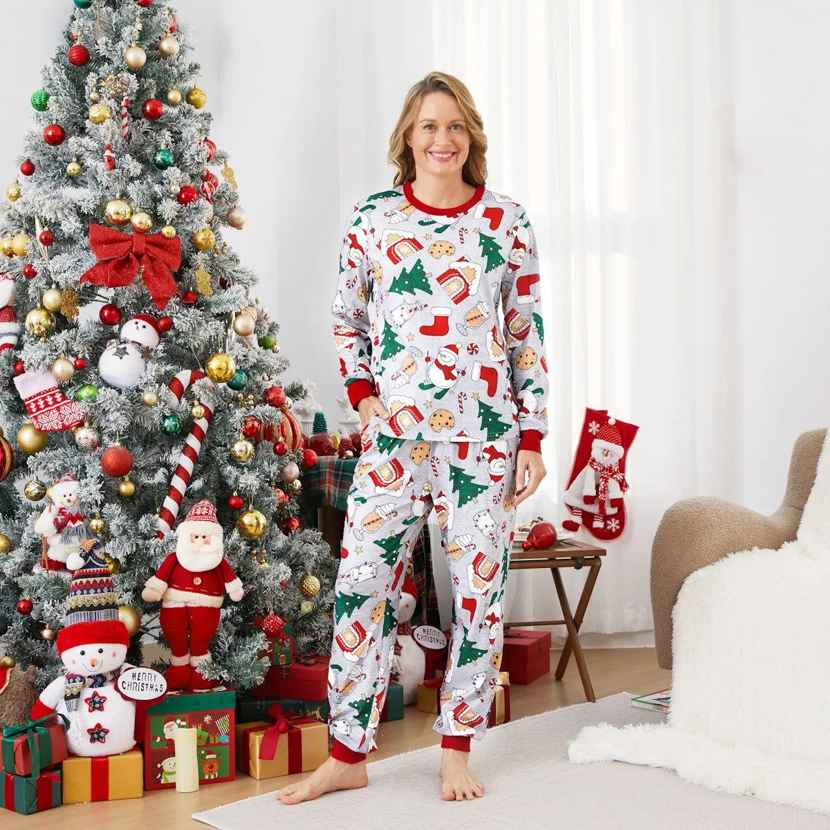 Family Christmas Pajamas Allover Christmas Pattern House Tree Cookie Stockings Snowman