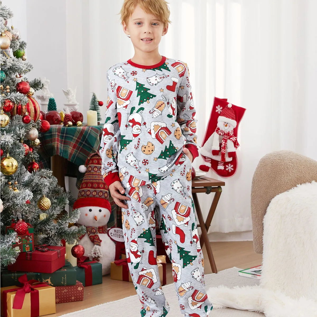 Family Christmas Pajamas Allover Christmas Pattern House Tree Cookie Stockings Snowman