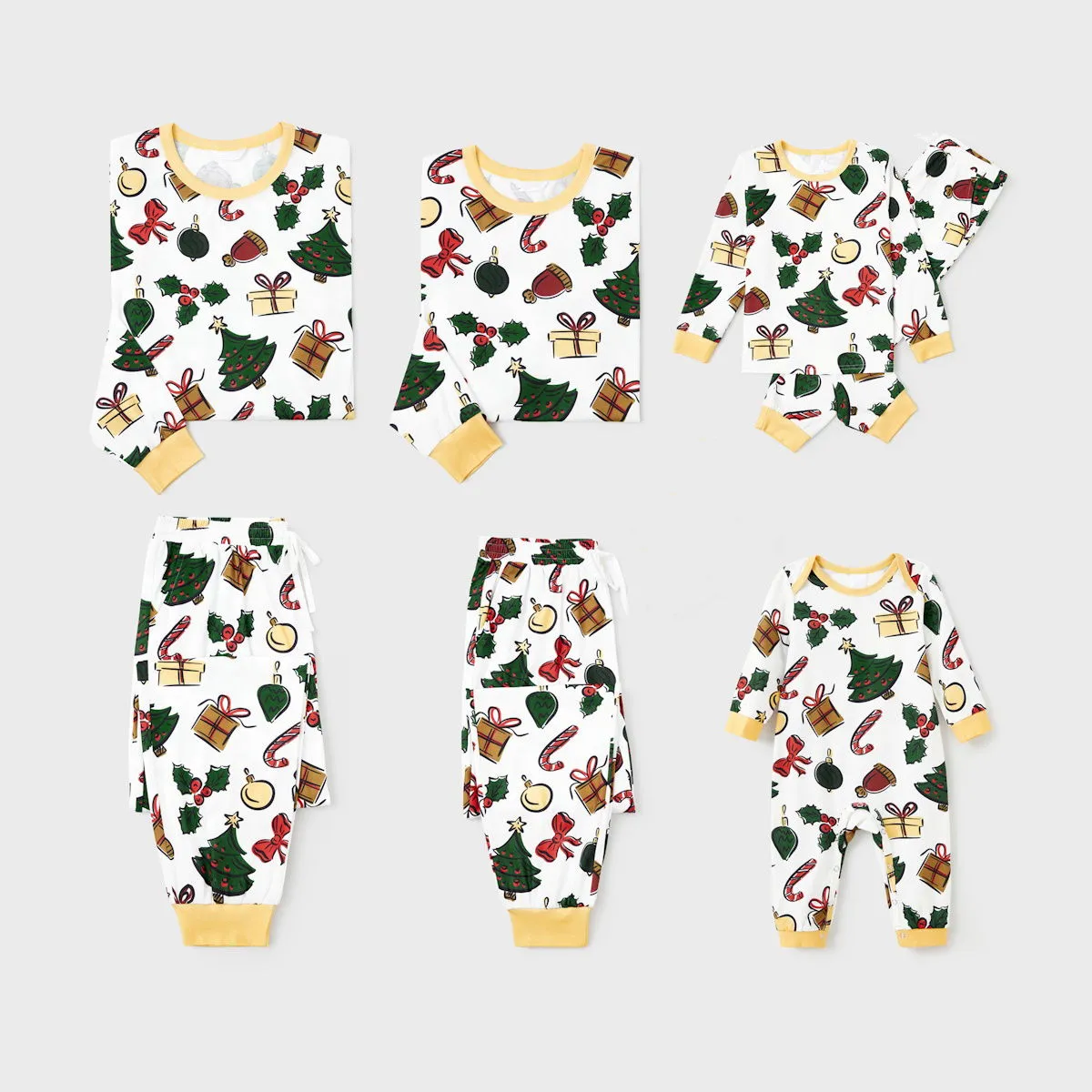 Family Christmas Pajamas Allover Xmas Pattern Gifts Bell Hat Bowknot Christmas Tree Candy Canes