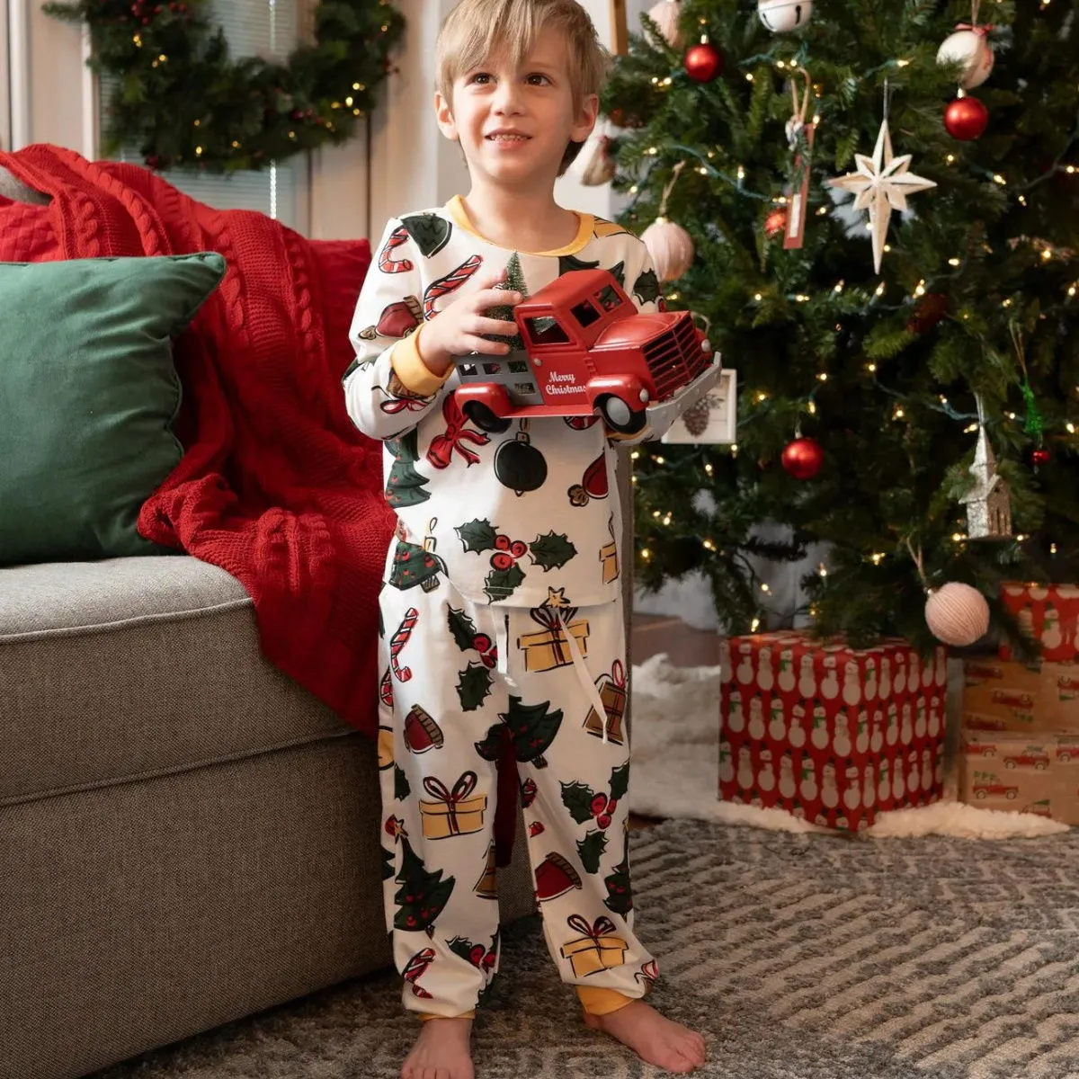 Family Christmas Pajamas Allover Xmas Pattern Gifts Bell Hat Bowknot Christmas Tree Candy Canes