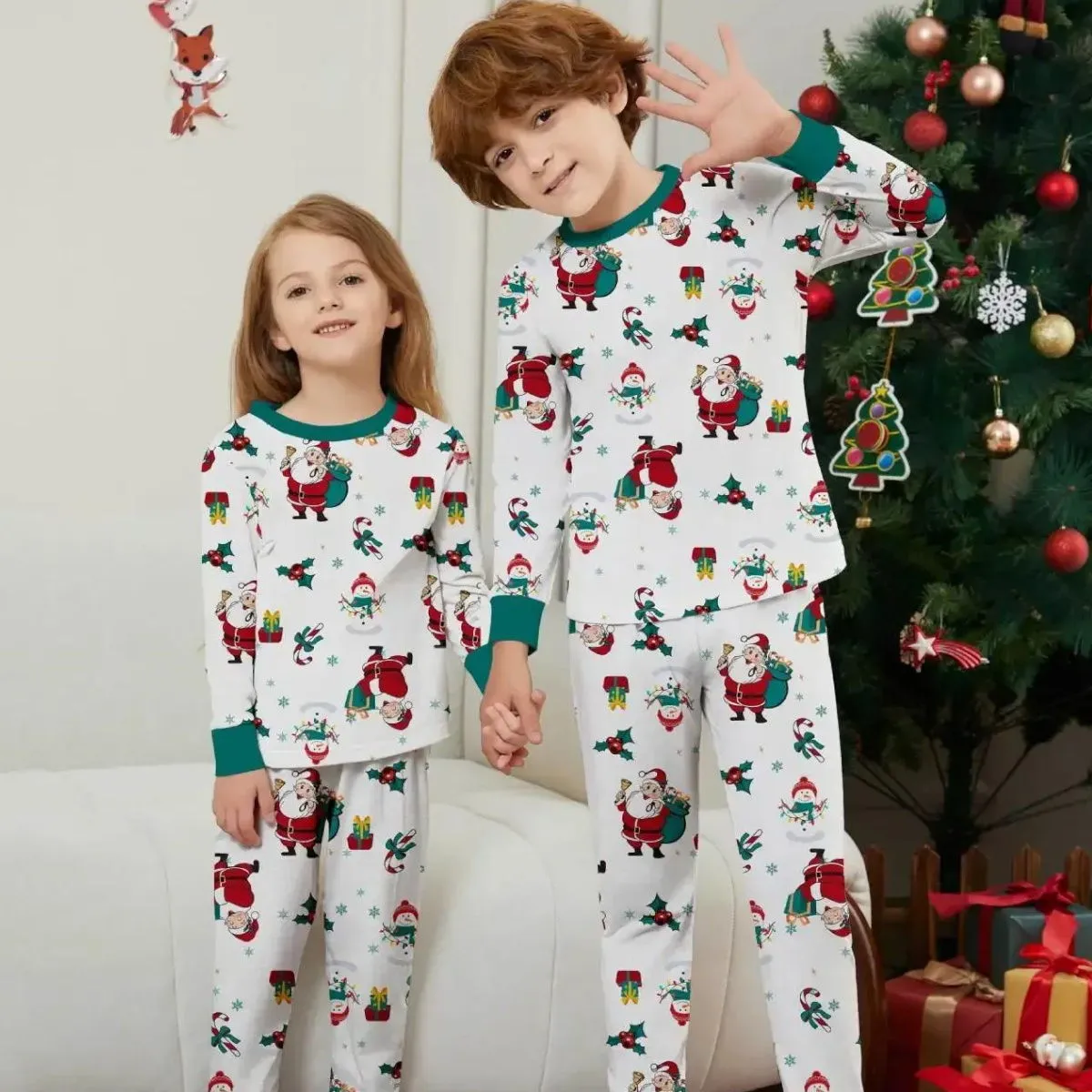 Family Christmas Pajamas Allover Xmas Pattern Santa Claus Gift Candy Canes Snowman