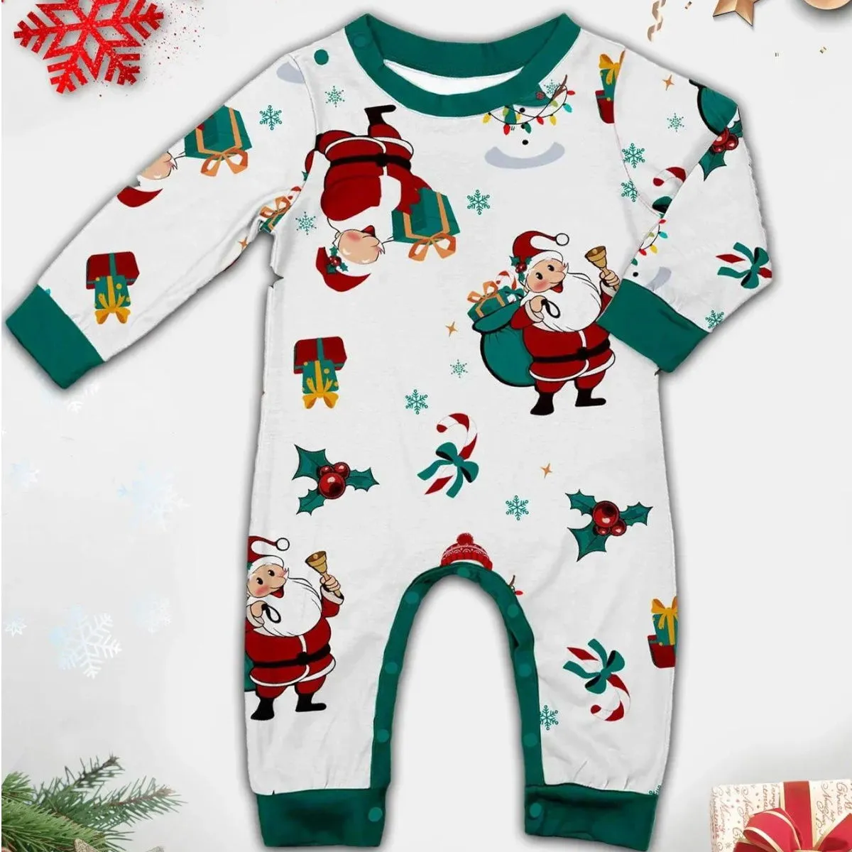 Family Christmas Pajamas Allover Xmas Pattern Santa Claus Gift Candy Canes Snowman