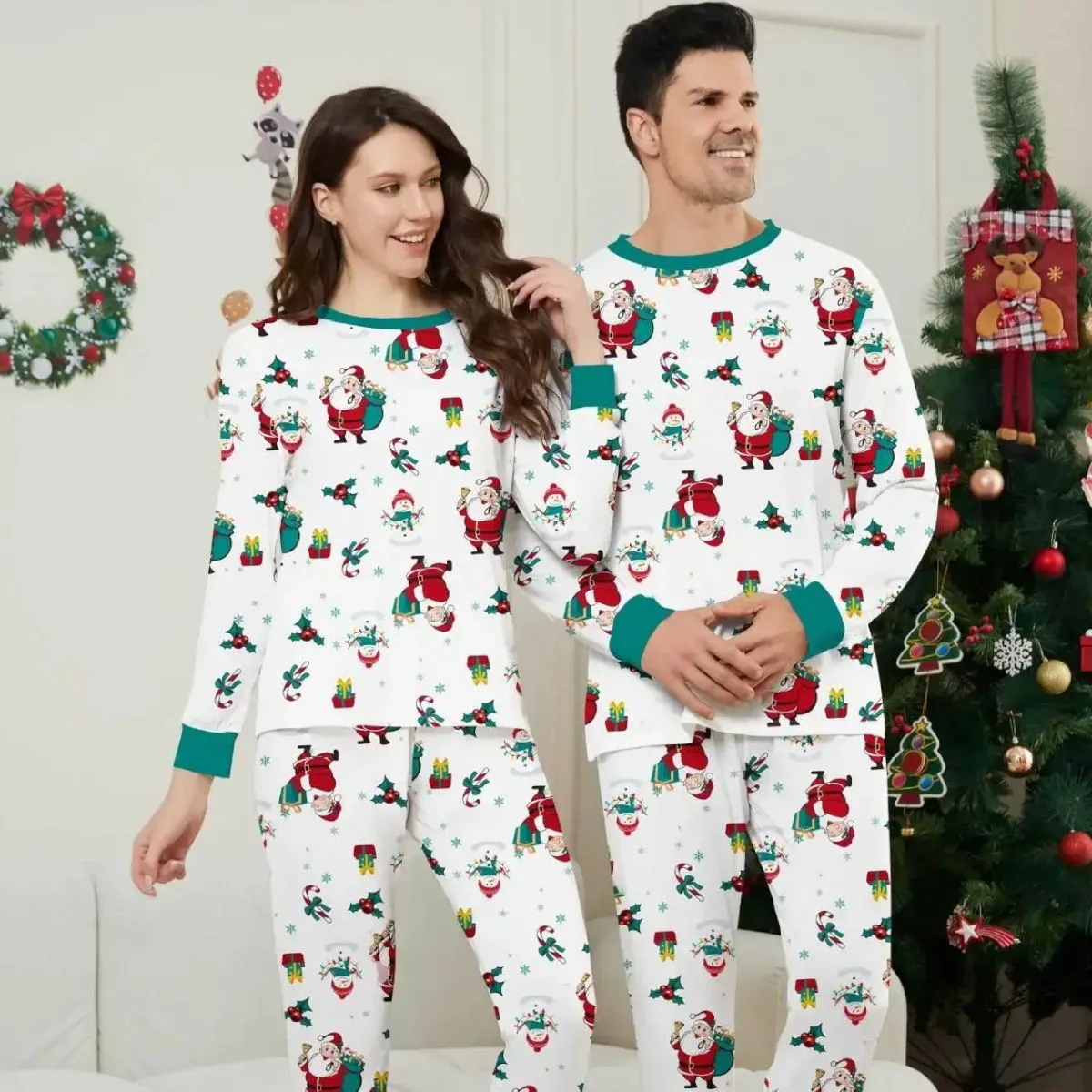 Family Christmas Pajamas Allover Xmas Pattern Santa Claus Gift Candy Canes Snowman